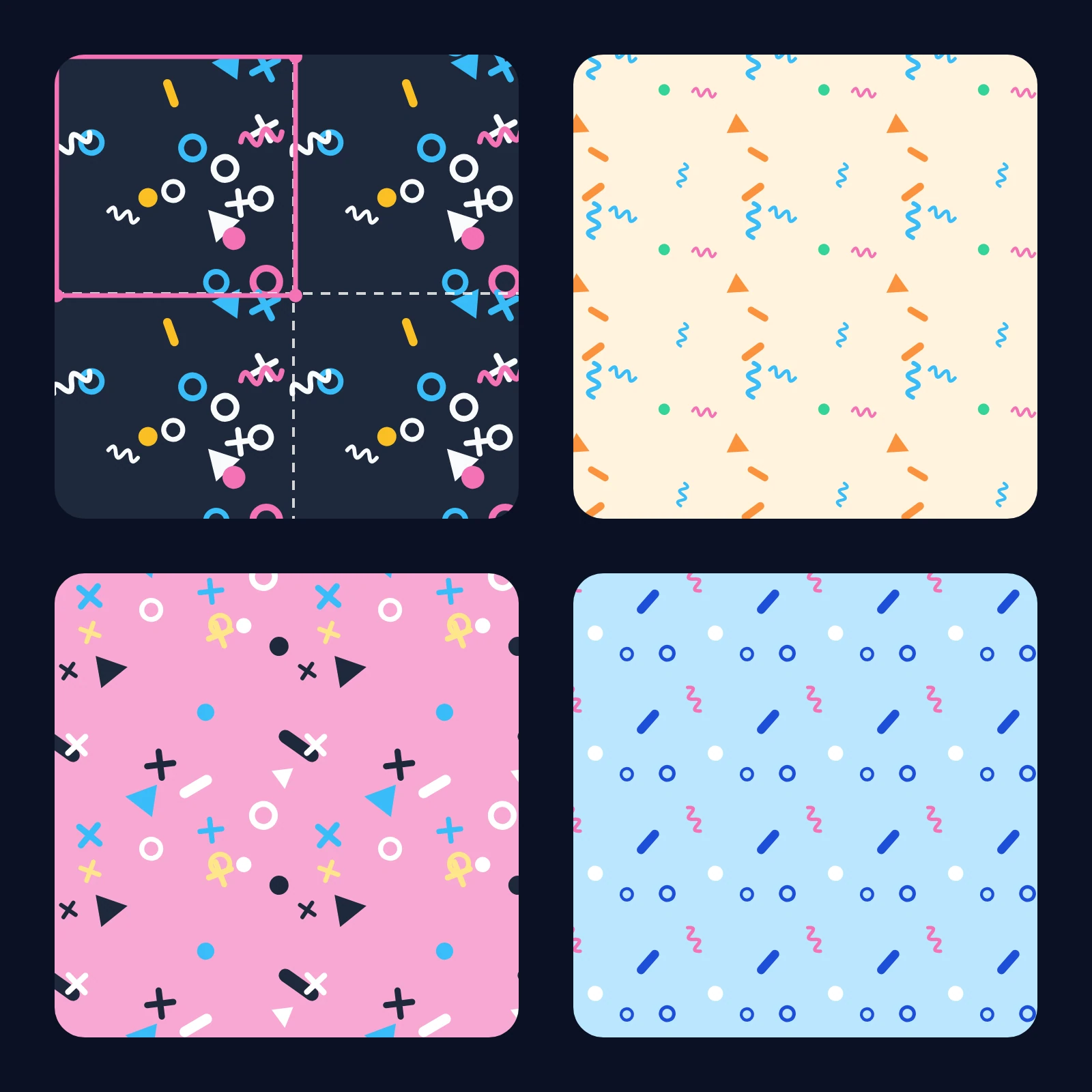 Confetti pattern swatches in different colorways, one showing a dashed repeat boundary