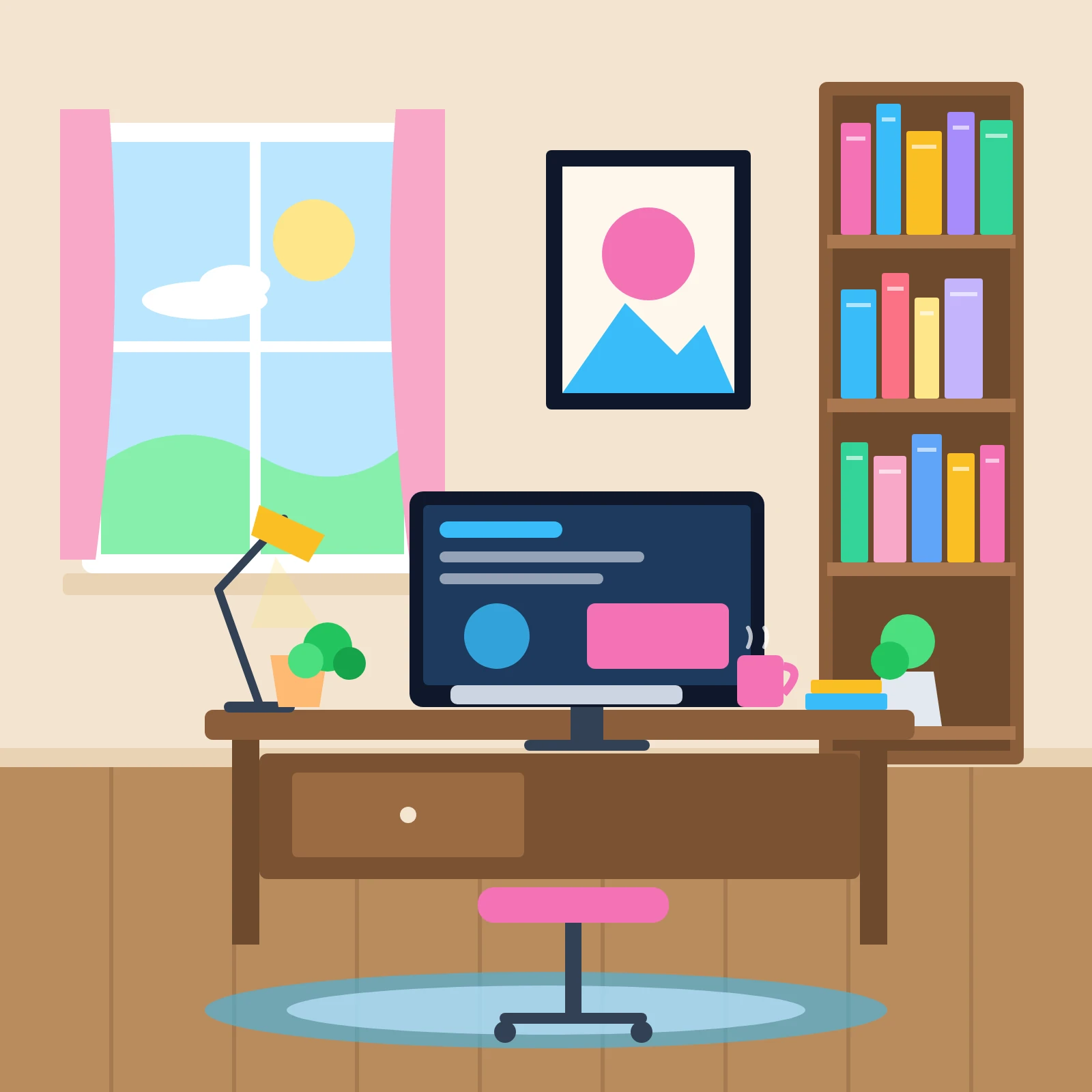 Flat illustration of a home office with a desk, monitor, lamp, plant, bookshelf and window