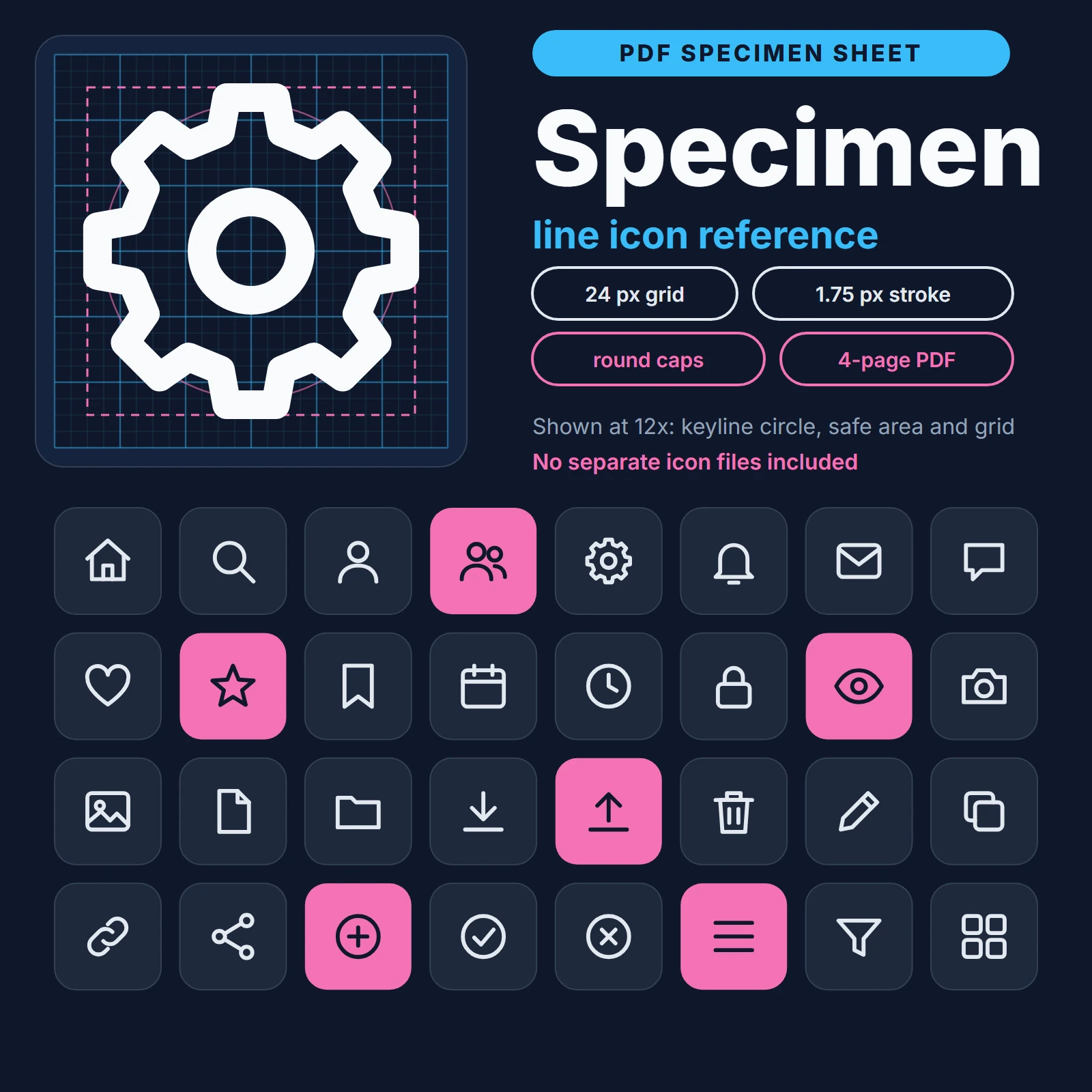 PDF specimen sheet preview: grid of white and sky blue line interface icons on a dark navy background, labeled PDF Specimen Sheet