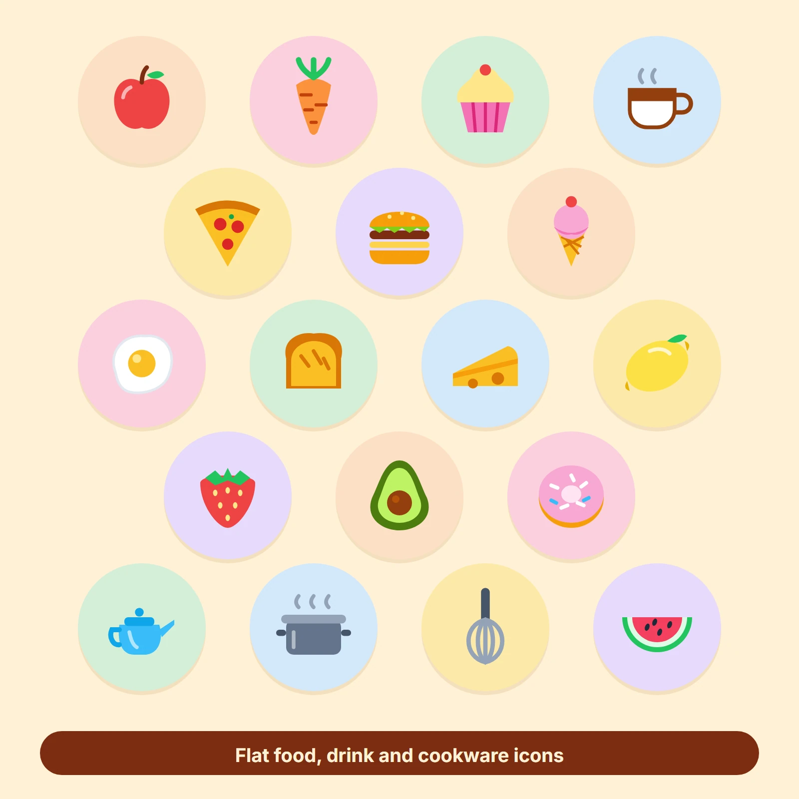 Offset grid of colorful food and kitchen icons inside circular badges on a cream background