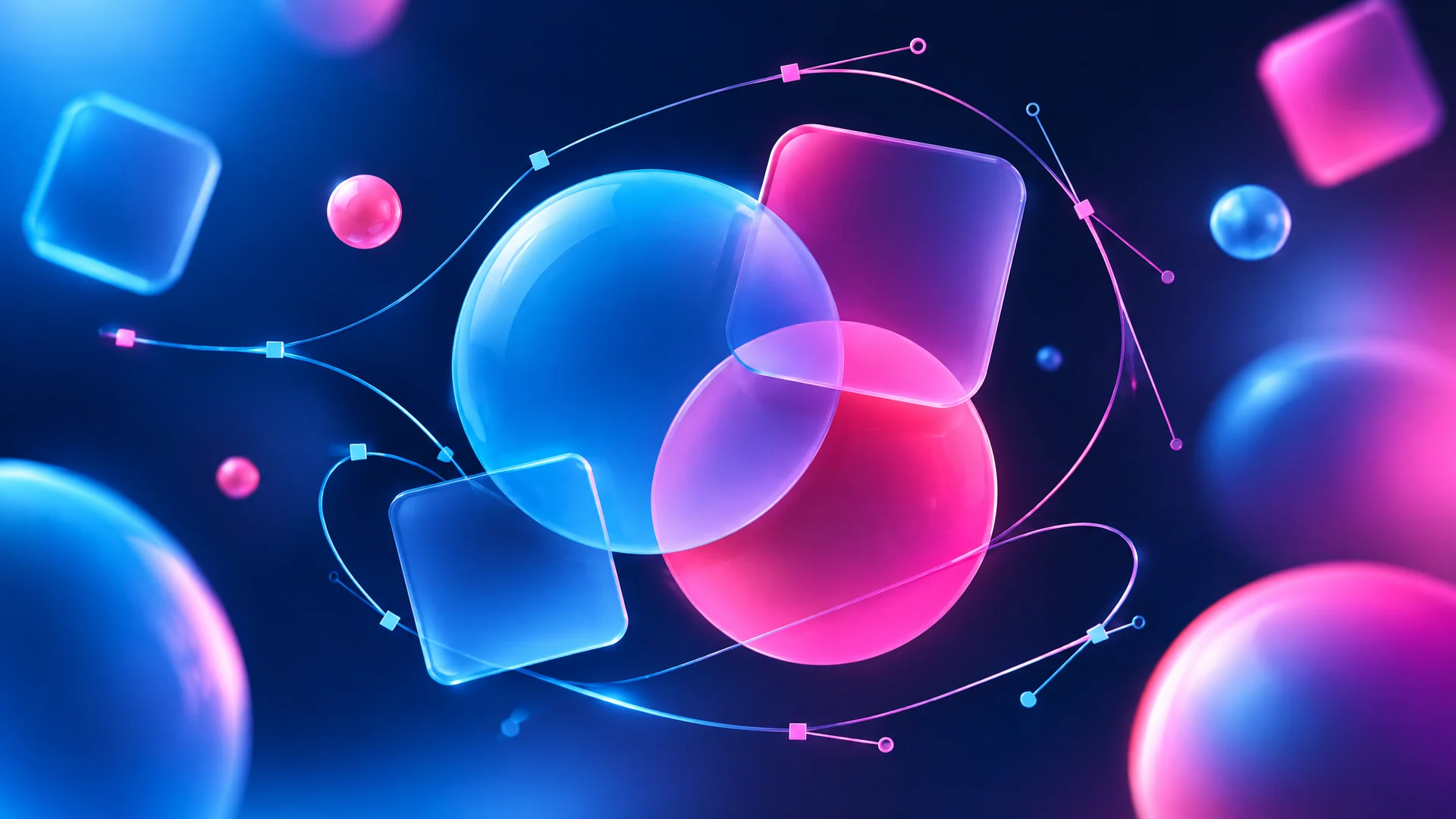 Floating glass shapes joined by bezier curves with anchor points, in sky blue and pink on dark navy