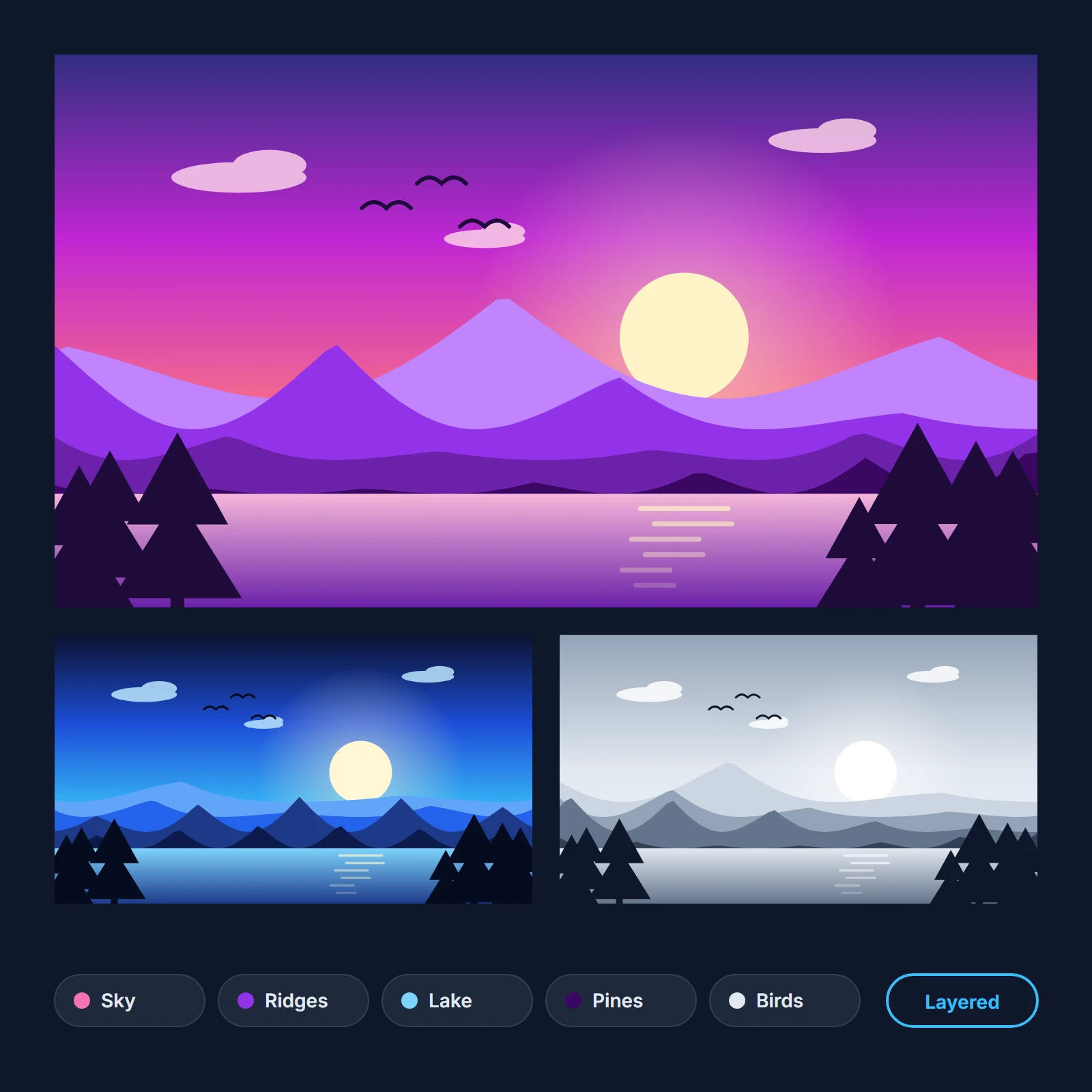 Layered mountain sunrise scene with a pink sky, sun and lake, shown with smaller colorway variations
