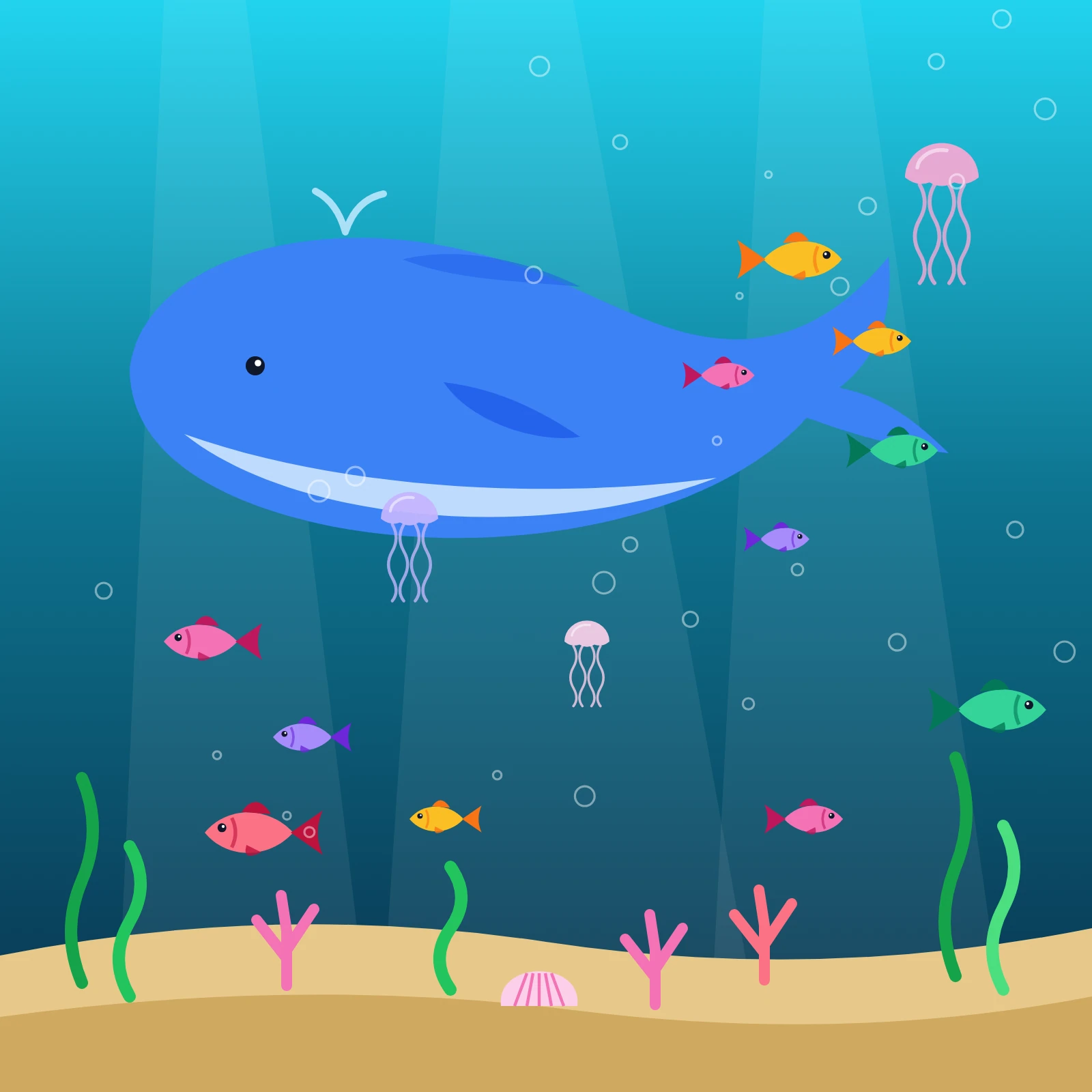 Underwater scene with a whale, schools of colorful fish, jellyfish and seaweed over a teal gradient