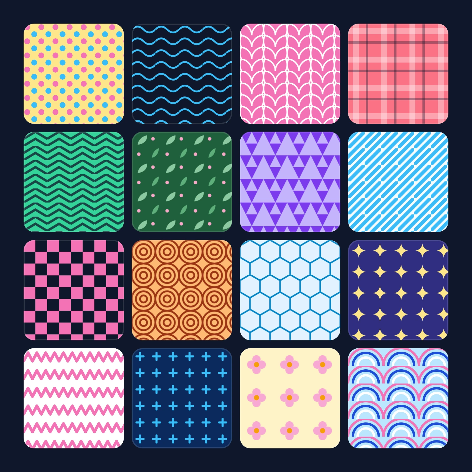 Grid of different seamless pattern swatches including dots, waves, plaid, scallops and chevrons