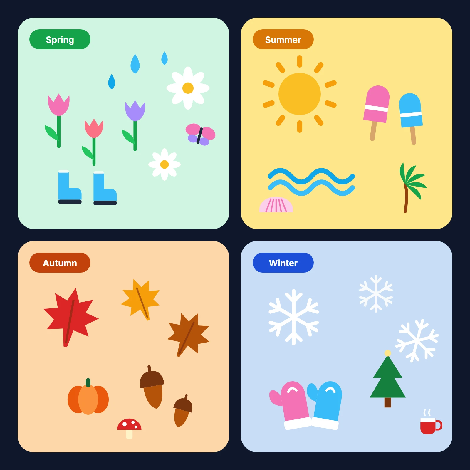 Panels of flat clip art: spring flowers, summer sun and ice lollies, autumn leaves and winter snowflakes